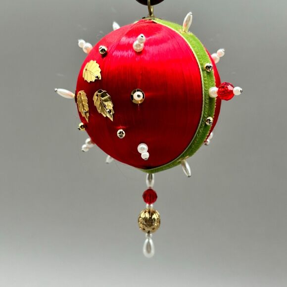 Vintage Handmade Push Pin Christmas Ornament Red Satin Gold Sequin Beaded White - Picture 4 of 6